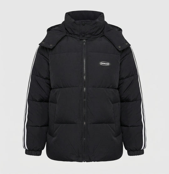 Unisex nan oversized Steppjacke mit kontraststreifen an Ärmeln, hochschließendem Kragen und Kapuzenblende EB