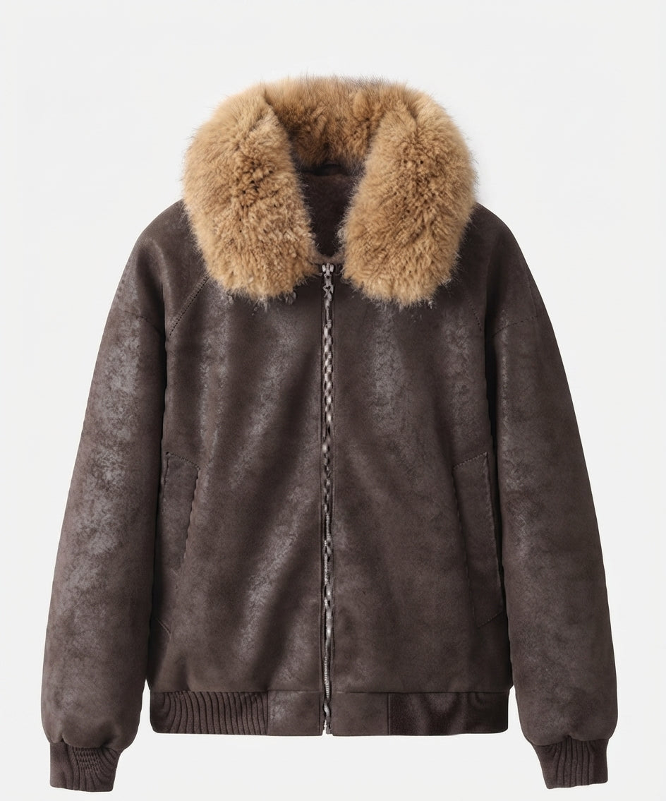 Damen nan kurzer Bomber mit voluminösem Kunstfellkragen und samtweicher Innenfütterung EB