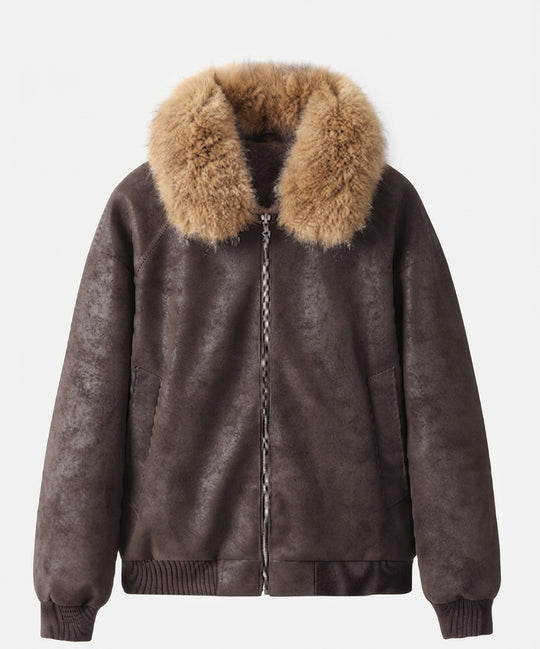 Damen nan kurzer Bomber mit voluminösem Kunstfellkragen und samtweicher Innenfütterung EB