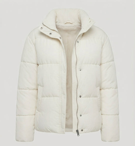 Damen nan kurzer minimalistischer Boxy-Puffer mit hohem Schalkragen und verdeckter Frontblende EB