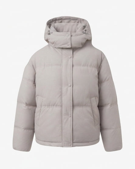 Damen nan kurzer gesteppter Kapuzenblouson mit Teddy-Innenkragen, verdecktem Zweiwege-Reißverschluss und taillierbarem Saum EB