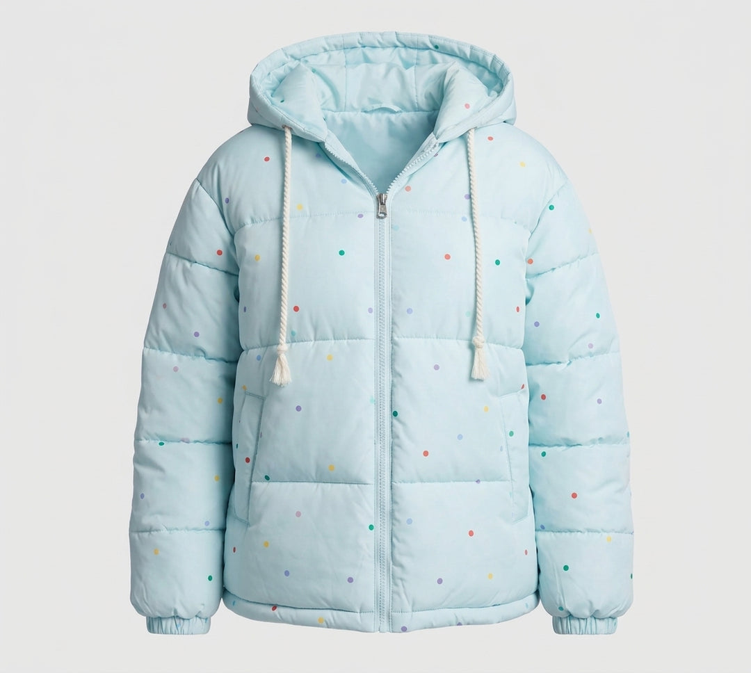 Damen nan gesteppte Oversize-Pufferjacke mit bunten Punkt-Applikationen und Kapuze EB