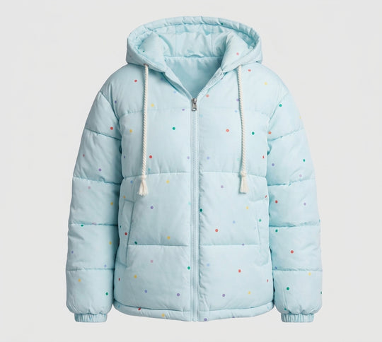 Damen nan gesteppte Oversize-Pufferjacke mit bunten Punkt-Applikationen und Kapuze EB
