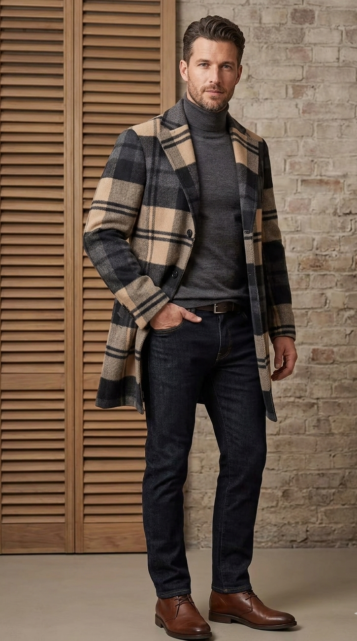 Herren Karierter Wintermantel mit warmem Innenfutter EB