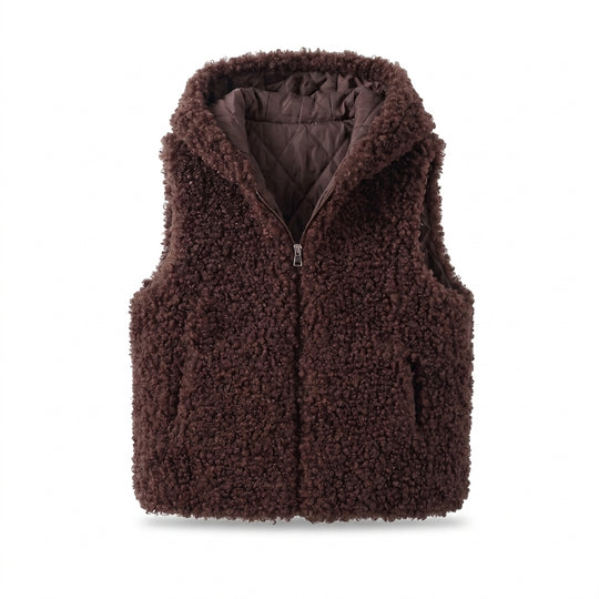 Damen nan ärmellose Teddyweste mit Kapuze, wattierter Innenlage und praktischen Eingrifftaschen EB