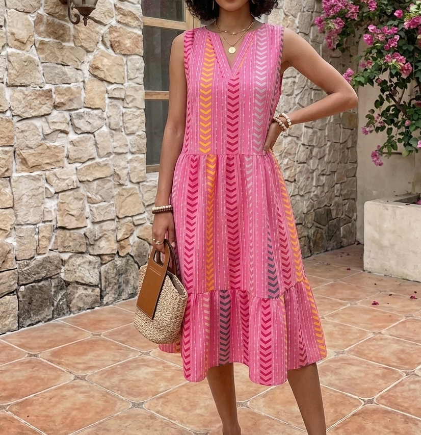 Damen Elegantes Sommerkleid mit Rüschen und Rautenmuster EB
