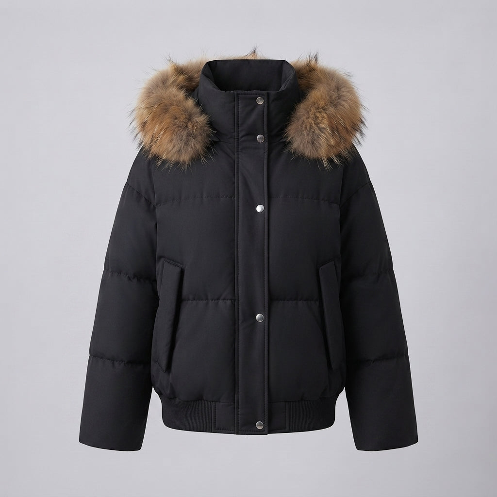 Damen nan kurzer oversized Puffer-Bomber mit abnehmbarer Webpelzblende und verdeckter Reißverschlussblende EB