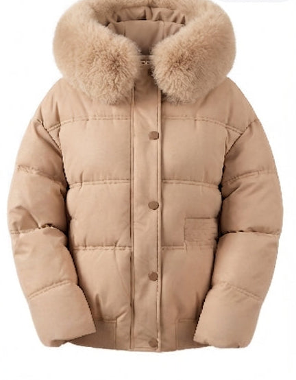 Damen nan kurze Boxy-Steppjacke mit abnehmbarer Kunstpelzblende, hoher Kragen und verdecktem Druckknopf- und Reißverschluss EB