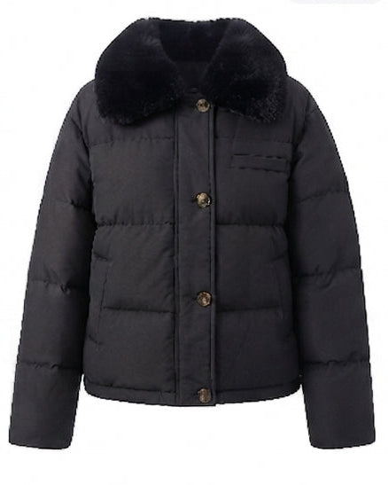 Damen nan kurze Boxy-Steppjacke mit abnehmbarer Kunstpelzblende, hoher Kragen und verdecktem Druckknopf- und Reißverschluss EB