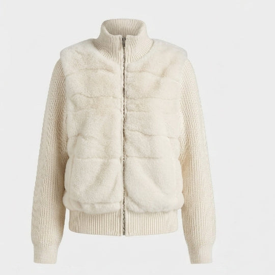 Damen nan kurze Strickjacke mit abgesetzter Kunstfellfront, Reißverschluss und hohem Stehkragen EB