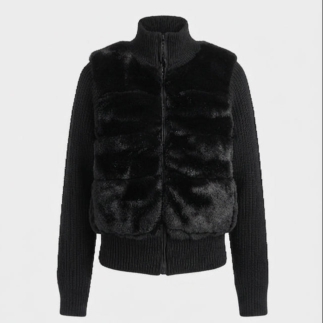 Damen nan kurze Strickjacke mit abgesetzter Kunstfellfront, Reißverschluss und hohem Stehkragen EB