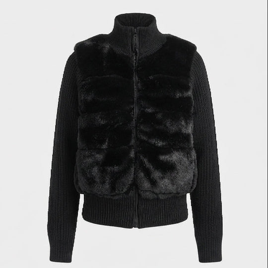 Damen nan kurze Strickjacke mit abgesetzter Kunstfellfront, Reißverschluss und hohem Stehkragen EB