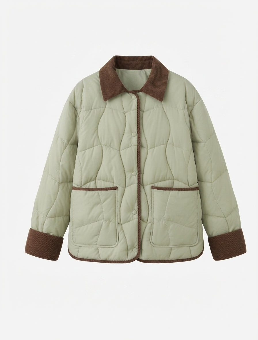 Damen nan kurze gesteppte Cordkragen-Jacke mit Druckknopfblende und kontrastbesätzen EB