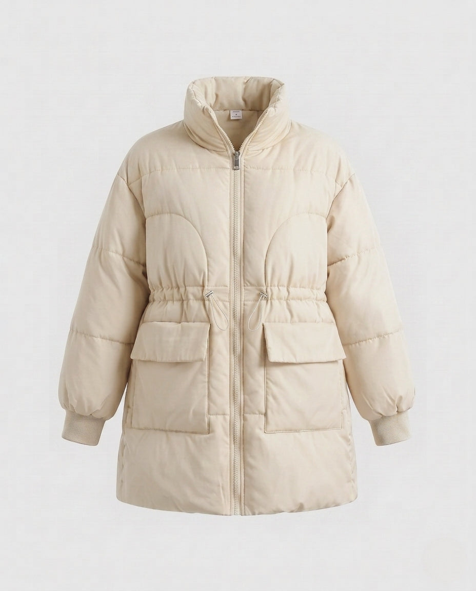 Damen nan femininer A‑Linien‑Steppparka mit taillierbarem Tunnelzug, hohem Stehkragen und großen Pattentaschen EB