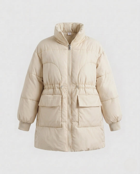 Damen nan femininer A‑Linien‑Steppparka mit taillierbarem Tunnelzug, hohem Stehkragen und großen Pattentaschen EB