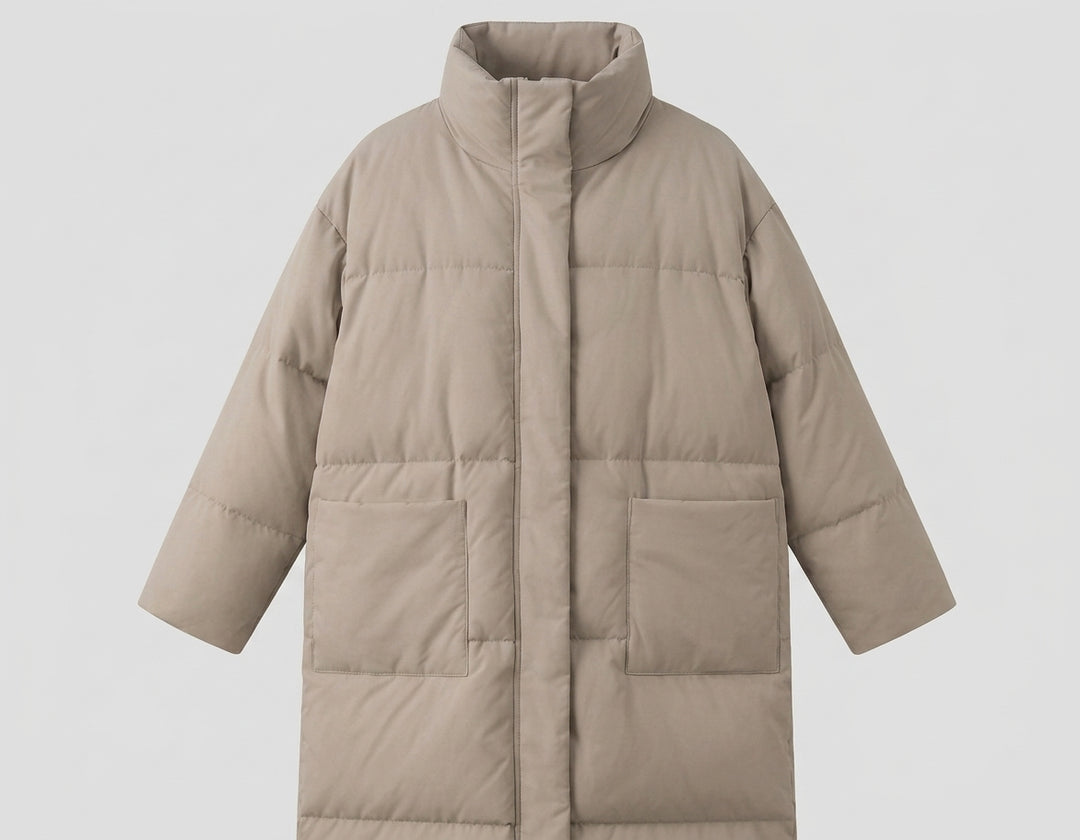 Damen nan extralang wattierter Comfort-Puffer mit geräuscharmer Oberfläche, hohem Stehkragen und großzügiger Oversize-Silhouette EB