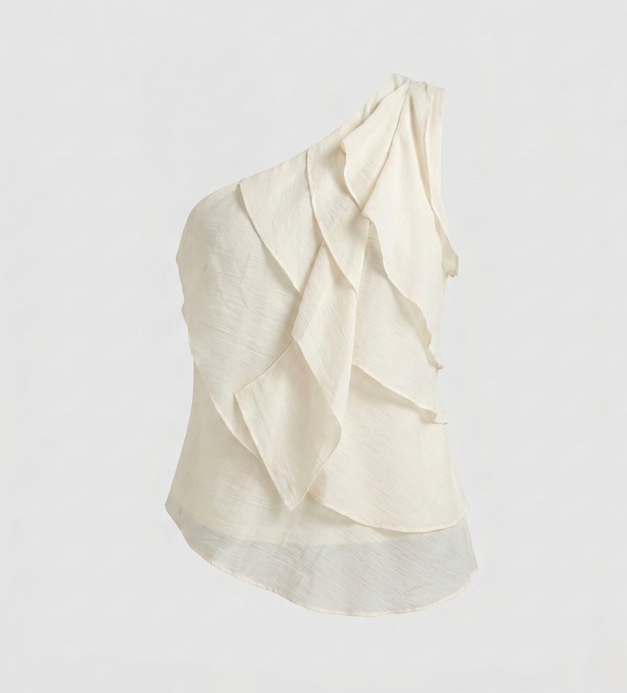 Damen nan asymmetrisches Volant-Top aus leichtem Viskosechiffon mit Ein-Schulter-Detail