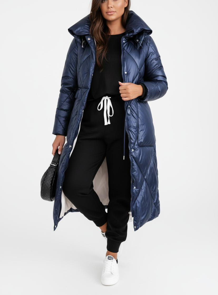 Damen Lange Pufferjacke Elegant mit Stehkragen | Große Größen