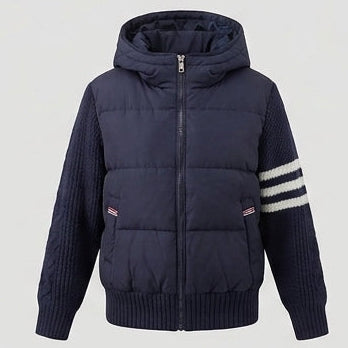Damen nan Hybrid-Steppjacke mit wattierter Front, gestrickten Ärmeln und Kapuze EB
