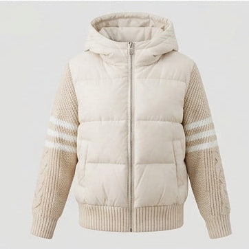 Damen nan Hybrid-Steppjacke mit wattierter Front, gestrickten Ärmeln und Kapuze EB