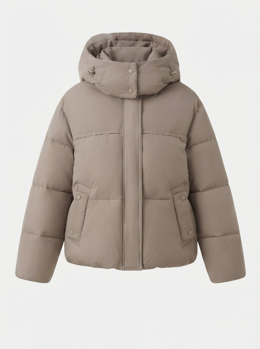 Damen nan kurze wattierte Kapuzenjacke mit abnehmbarer Kapuzenblende, hoher Stehkragen und taillierendem Schnitt EB