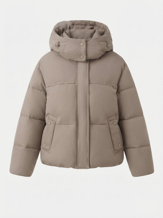 Damen nan kurze wattierte Kapuzenjacke mit abnehmbarer Kapuzenblende, hoher Stehkragen und taillierendem Schnitt EB