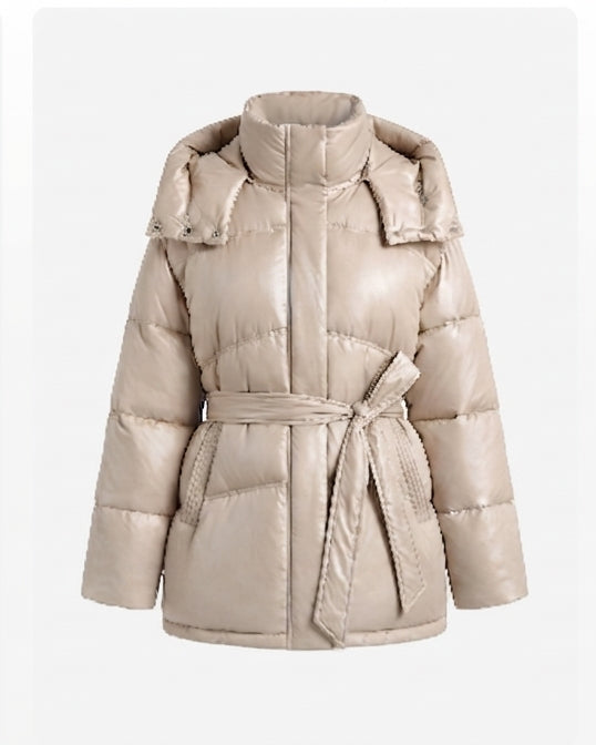 Damen nan wattierter Oversize-Parka mit Bindegürtel und hochschließendem Kragen EB