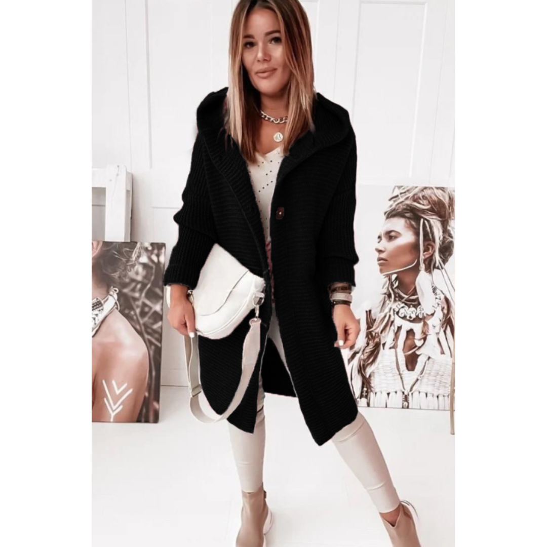 EB | Damen Übergroßer Gestrickter Cardigan mit Kapuze und Langen Ärmeln