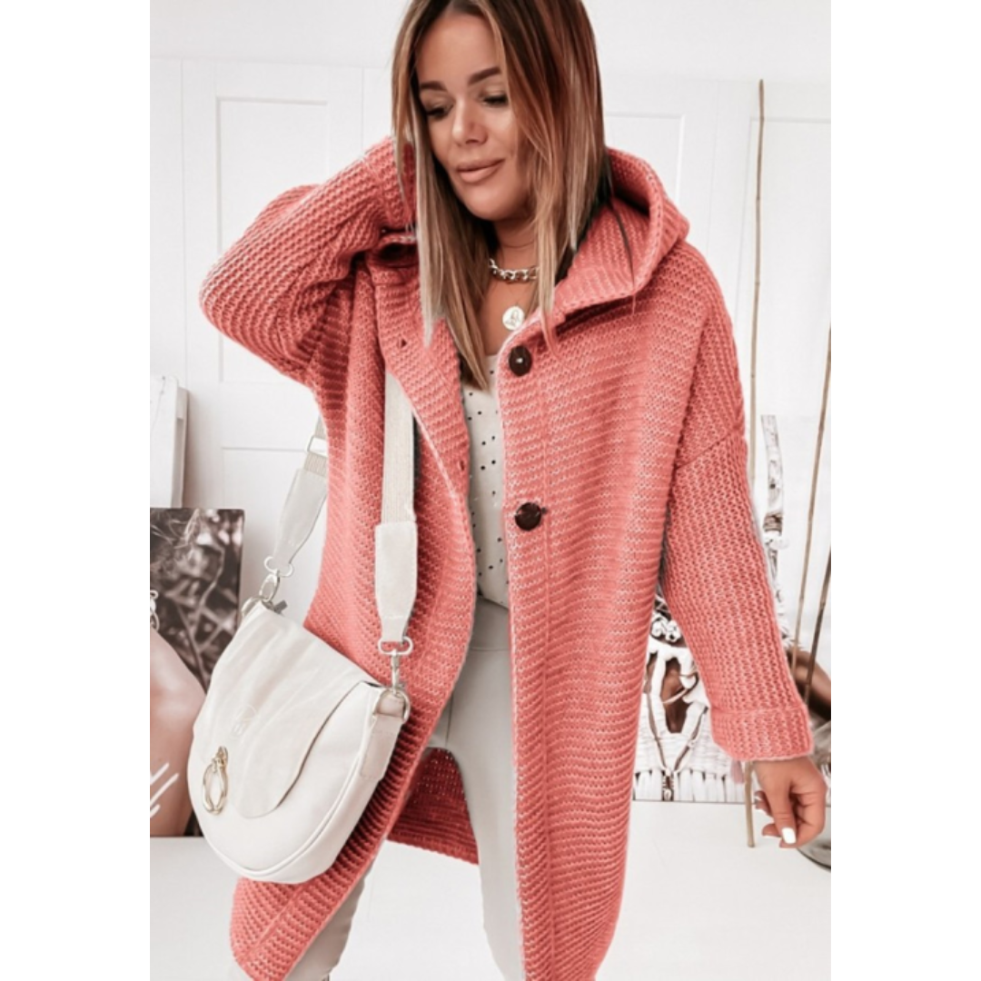 EB | Damen Übergroßer Gestrickter Cardigan mit Kapuze und Langen Ärmeln