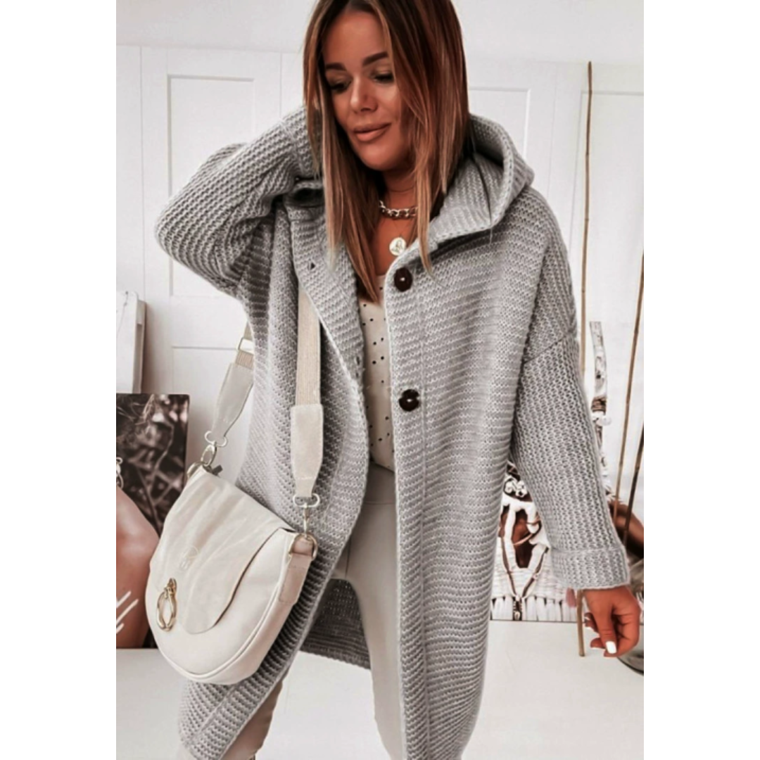 EB | Damen Übergroßer Gestrickter Cardigan mit Kapuze und Langen Ärmeln