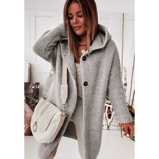 EB | Damen Übergroßer Gestrickter Cardigan mit Kapuze und Langen Ärmeln