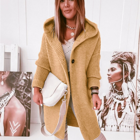 EB | Damen Übergroßer Gestrickter Cardigan mit Kapuze und Langen Ärmeln