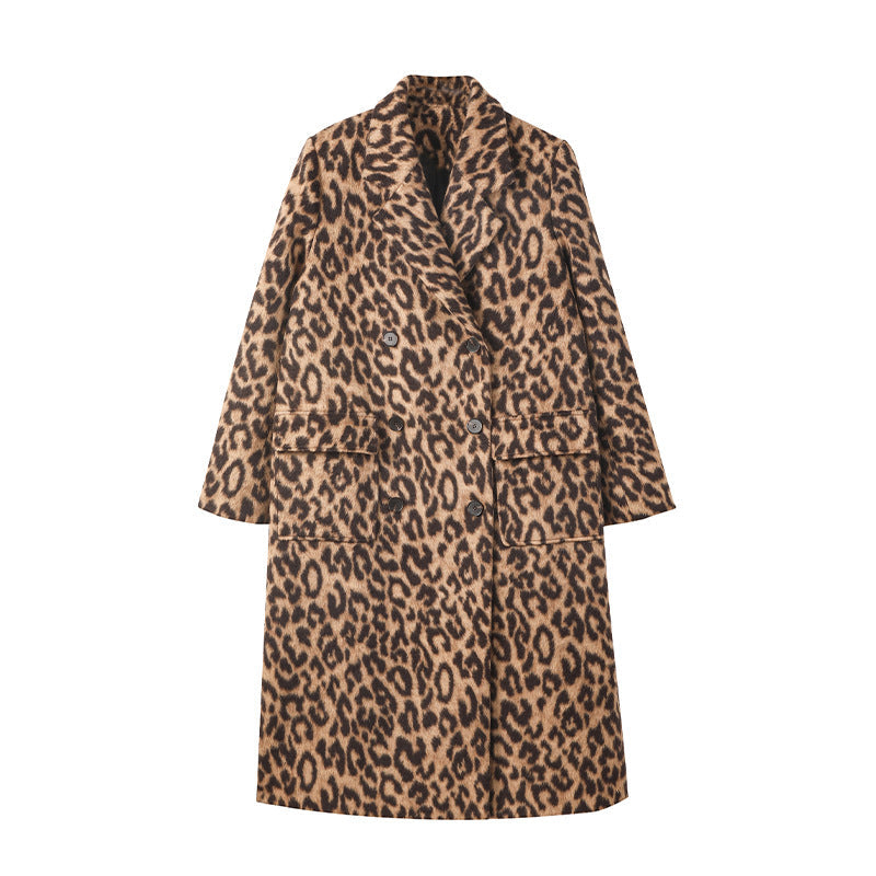 EB | Damen Lange Winterjacke mit Leopardenmuster und Weichem Warmem Textil
