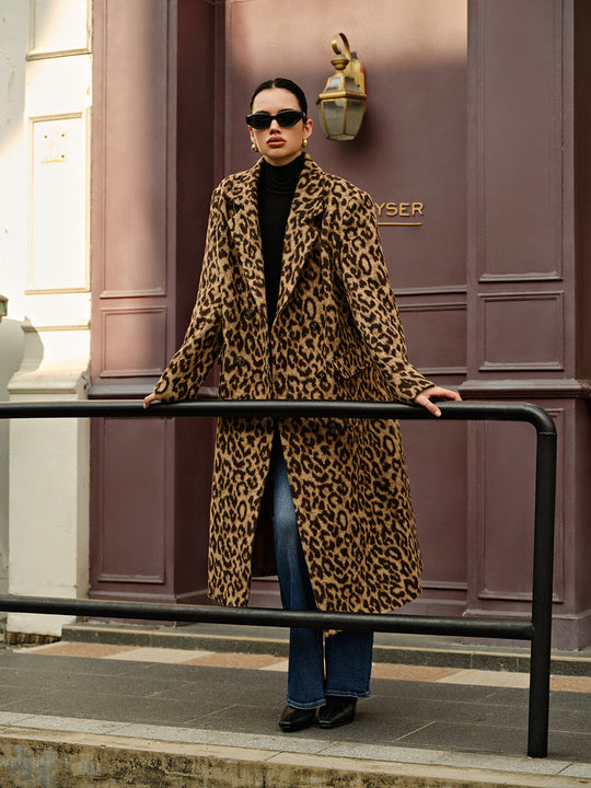EB | Damen Lange Winterjacke mit Leopardenmuster und Weichem Warmem Textil