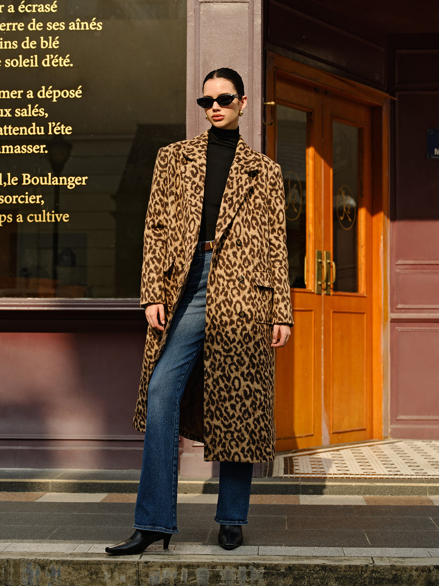EB | Damen Lange Winterjacke mit Leopardenmuster und Weichem Warmem Textil