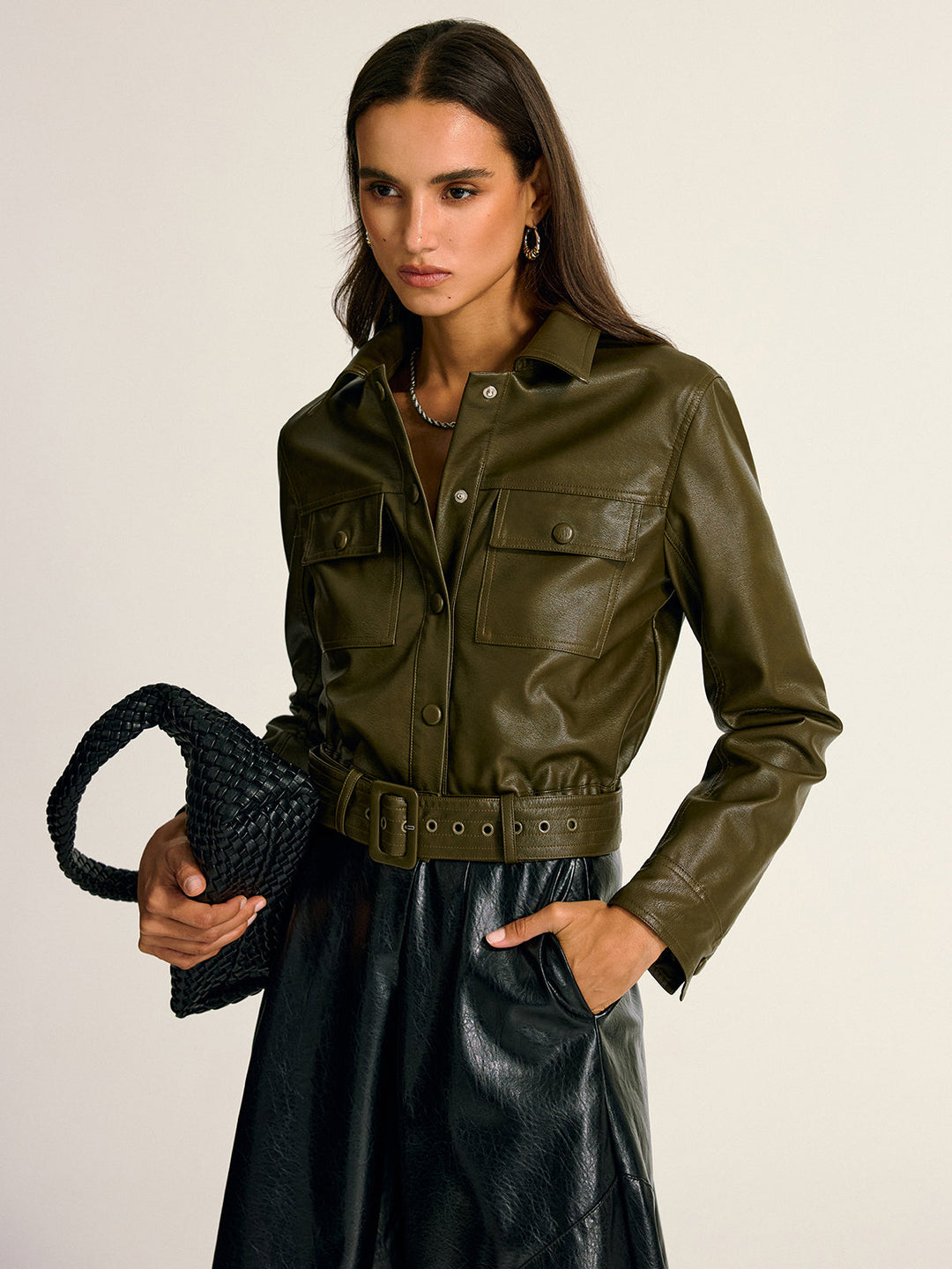 EB | Schicke Lederjacke Damen mit Gürtel und Taschen
