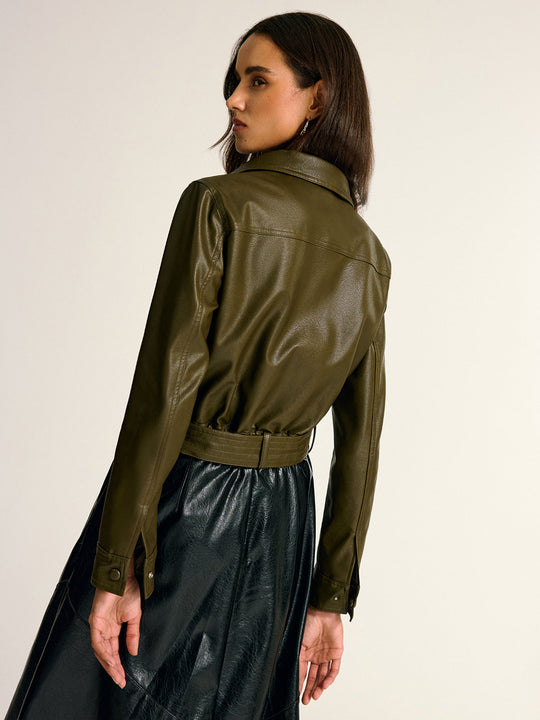 EB | Schicke Lederjacke Damen mit Gürtel und Taschen