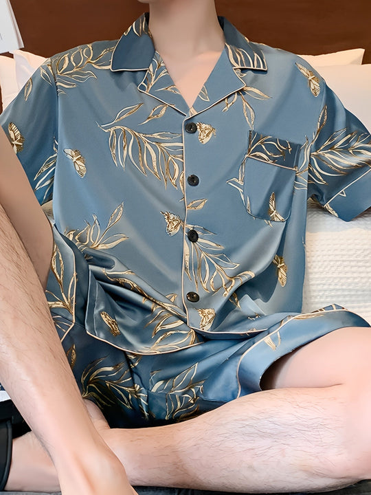 EB | Herren Sommer Eis Seide Pyjama Satz mit Blumen und Blättern Druck