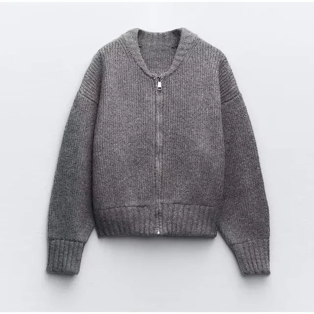 EB | Eleganter Grauer Strickpullovermantel mit Rundhalsausschnitt für Frauen