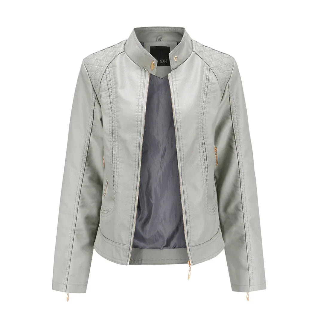 EB | Lederjacke Slim Passform Gestepptes Schulterdesign Stehkragen Reißverschlusstaschen