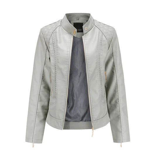 EB | Lederjacke Slim Passform Gestepptes Schulterdesign Stehkragen Reißverschlusstaschen