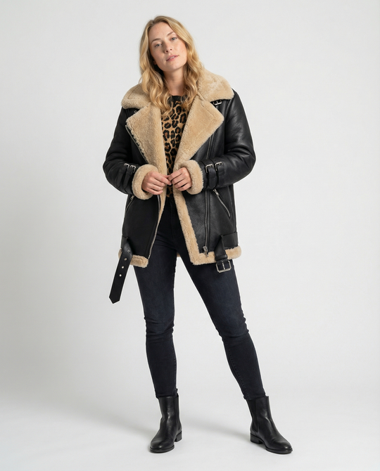 EB | Lammfell Gefütterte Bikerjacke für Damen
