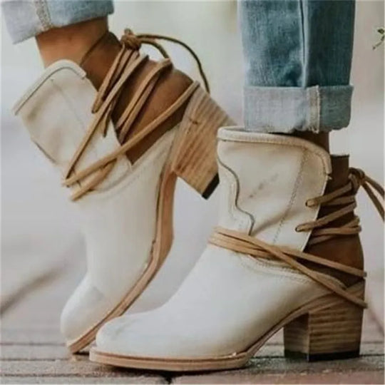 EB | Western Stiefel Leder Knöchelhöhe Gealterte Optik Blockabsatz Weinlese Stil