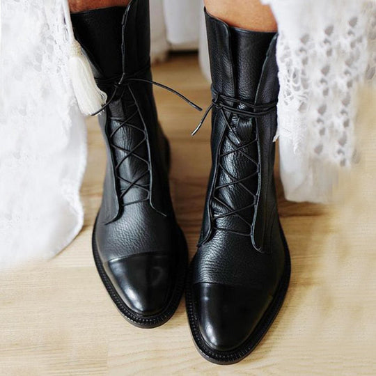 EB | Stiefeletten Lackleder Schnürung Blockabsatz Weinlese Stil