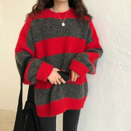 EB | Pullover - Damen Herbst Übergröße Gestreifter Strickpullover