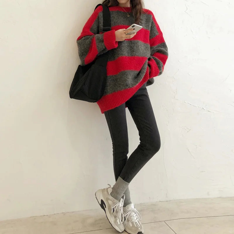 EB | Pullover - Damen Herbst Übergröße Gestreifter Strickpullover