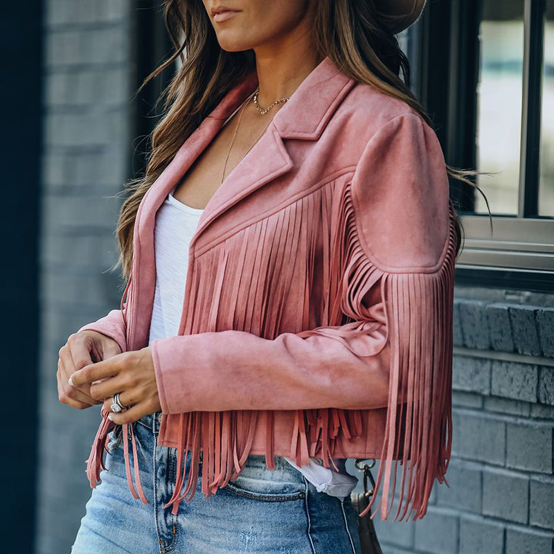 EB | Revers Langarm Fransen Crop Hippie Jacke