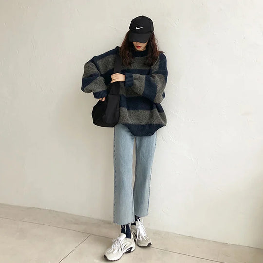 EB | Pullover - Damen Herbst Übergröße Gestreifter Strickpullover