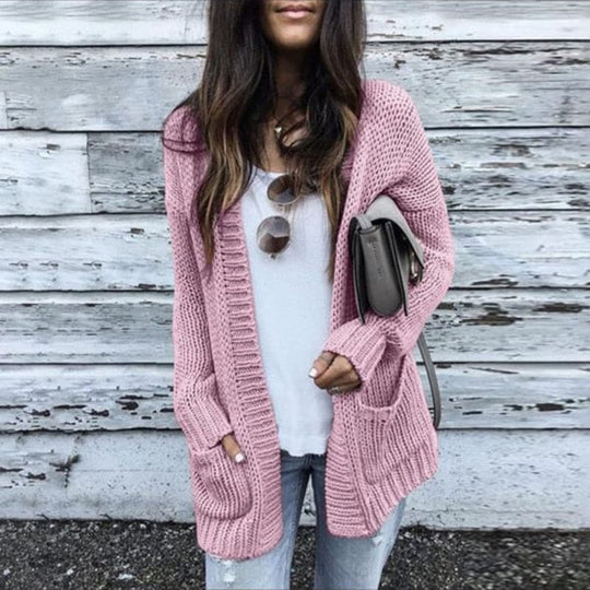 EB | Strickjacke Gestrickt Offene Vorderseite Entspannt Passform mit Taschen