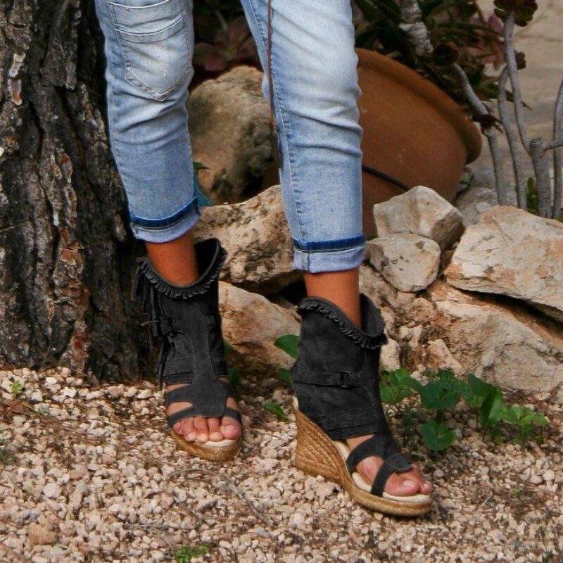 EB | Weinlese PU-Quasten Peeptoe Hohe Keil Sandalen